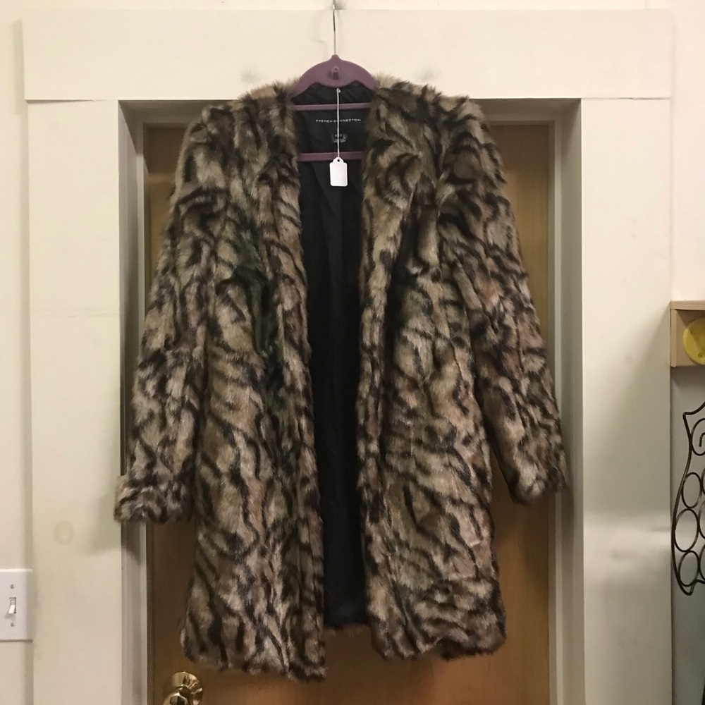 French Connection Faux Fur Animal Print Coat size 6
